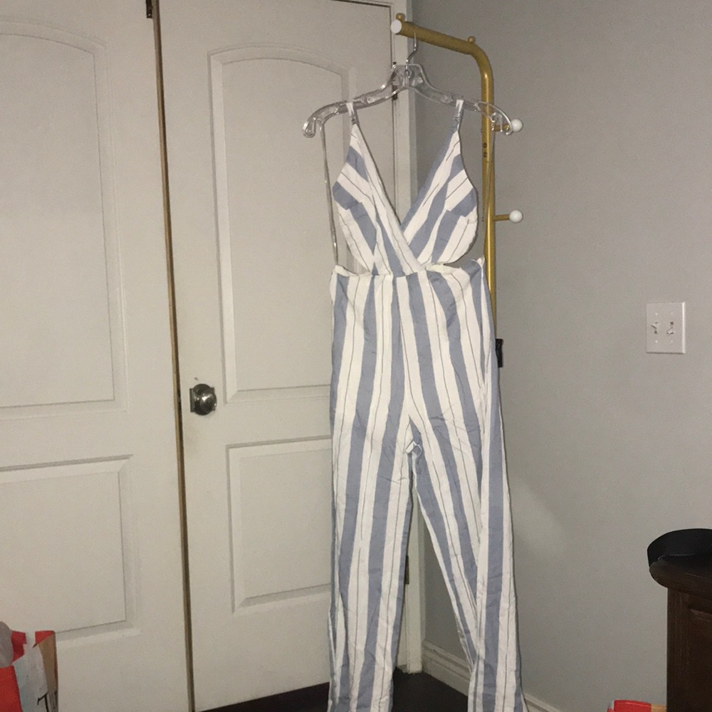 Striped Blue & White Cutout Jumpsuit